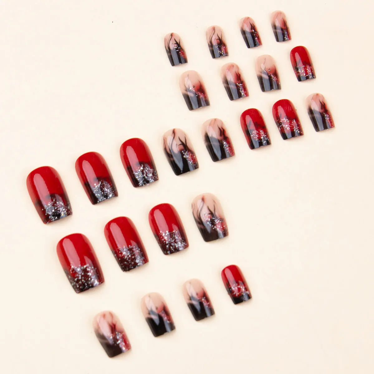 Colorful flame fire pattern fake nail patch set in long European square shape with jelly glue and rubbing strips