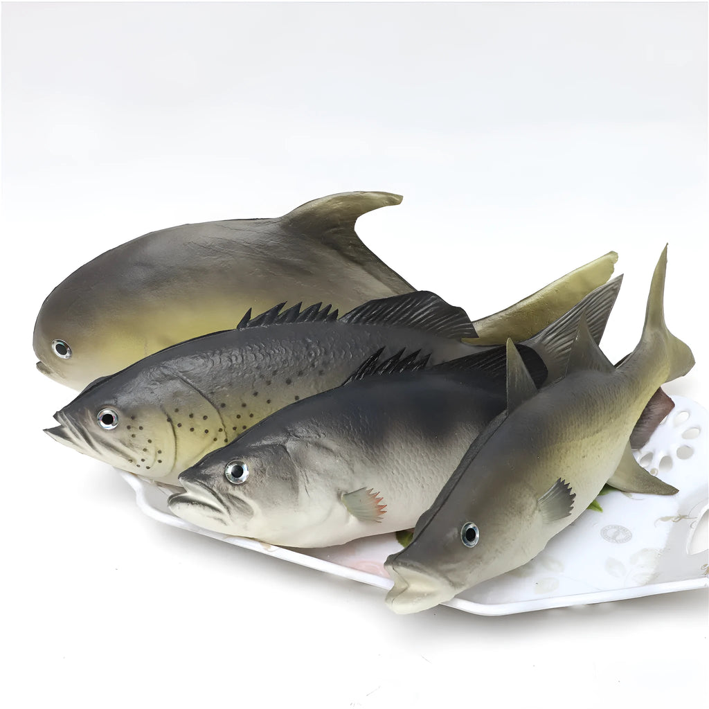 PU simulated fish ornament set showing yellow-fin tuna, small tuna, and yellow croaker marine models