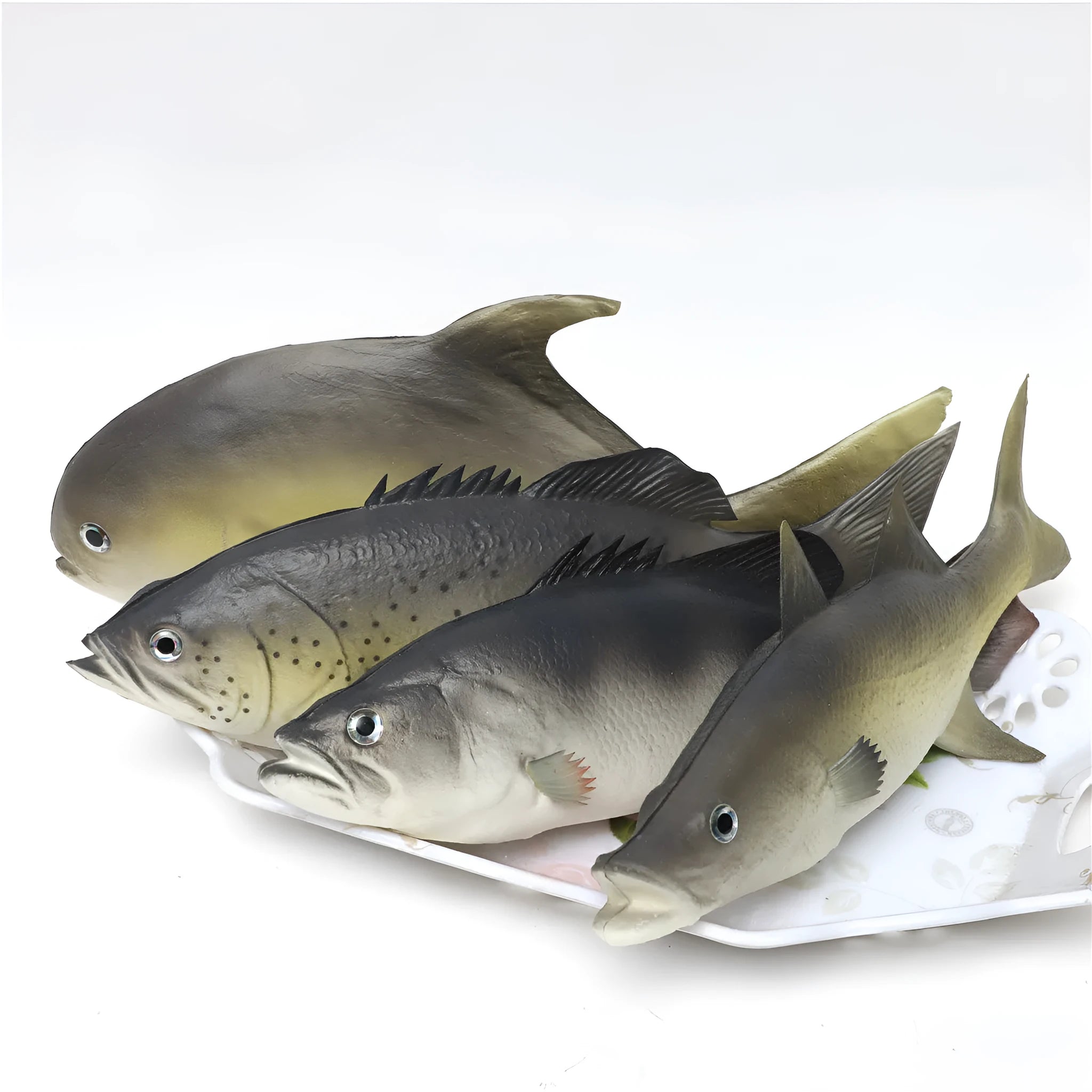 PU simulated fish ornament set showing yellow-fin tuna, small tuna, and yellow croaker marine models
