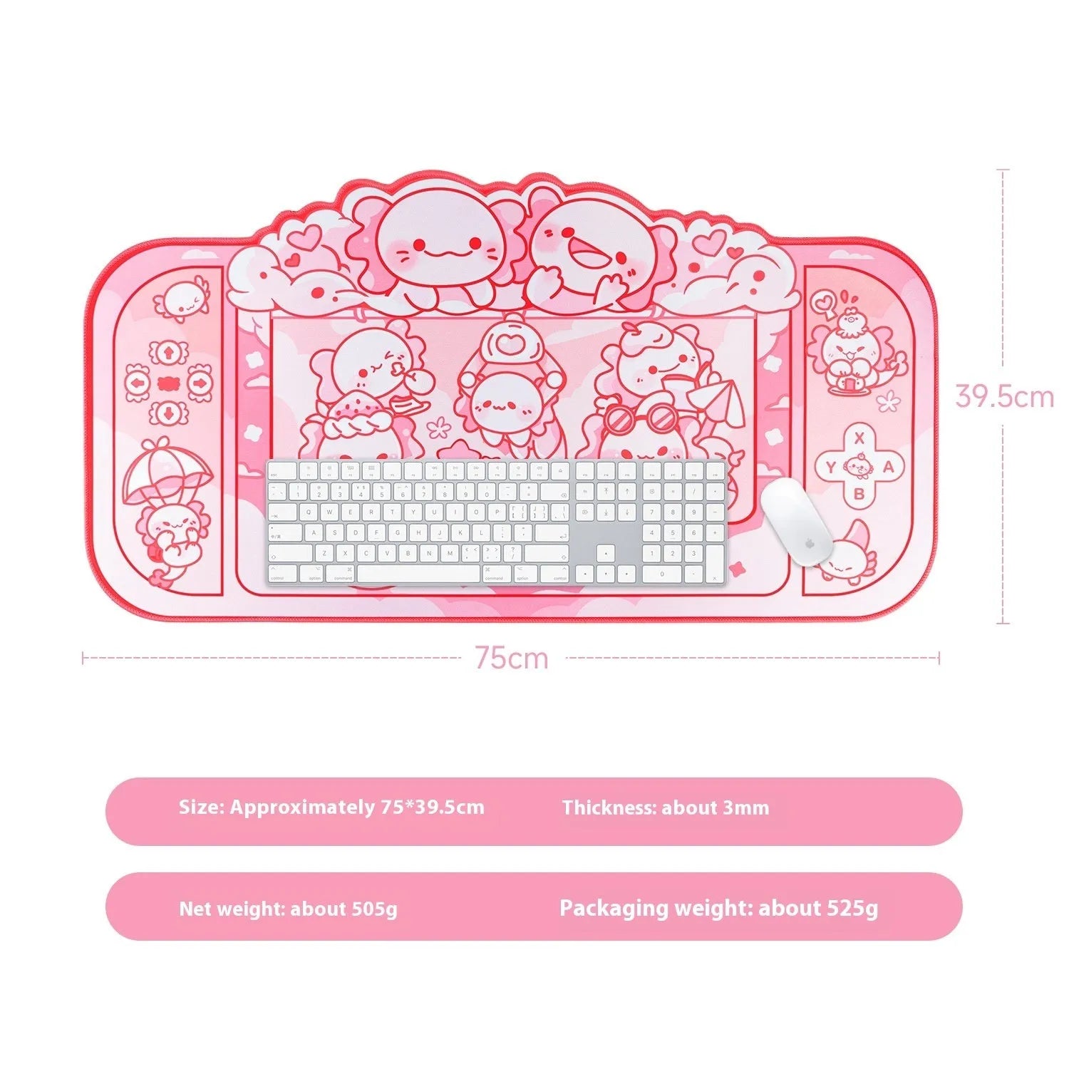 Large rectangular cloth mouse pad with hexagonal dragon crane machine cartoon design, shown on a desk.