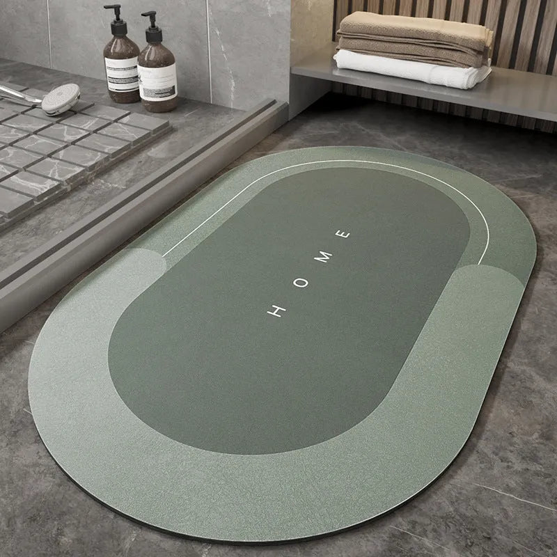 Machine woven bathroom floor mat in blended material showing oval and rectangle shape options