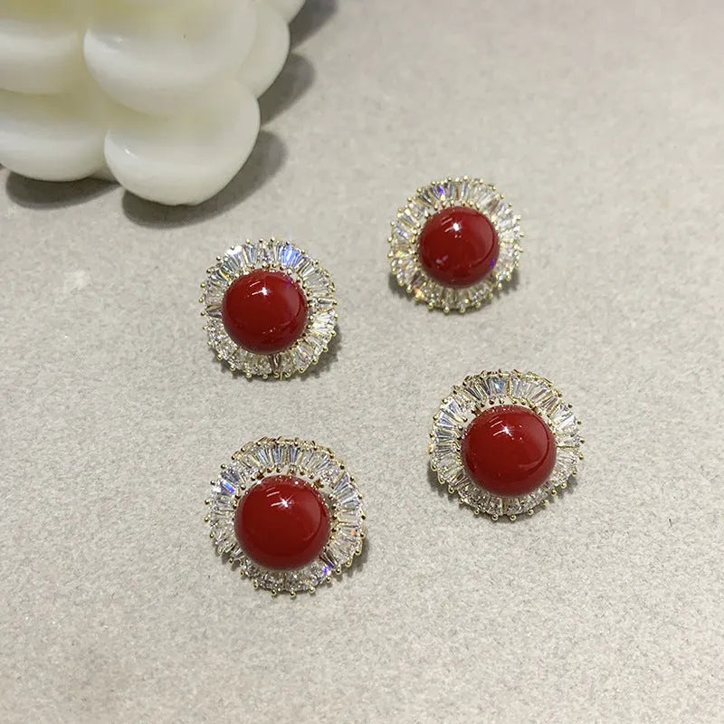 French retro pearl zircon earrings with gold-tone base, white imitation pearl and clear zircon, Style1 drop design.