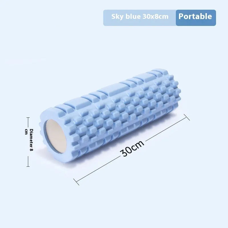 A firm EVA foam roller for fitness and yoga, shown in a selection of colours including black, pink, and sky blue.