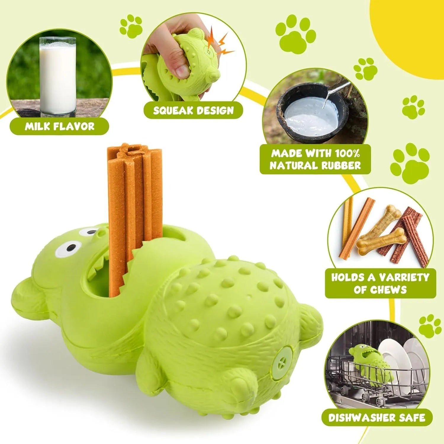Green and yellow natural rubber squeaky dog toy with treat-fillable hole.