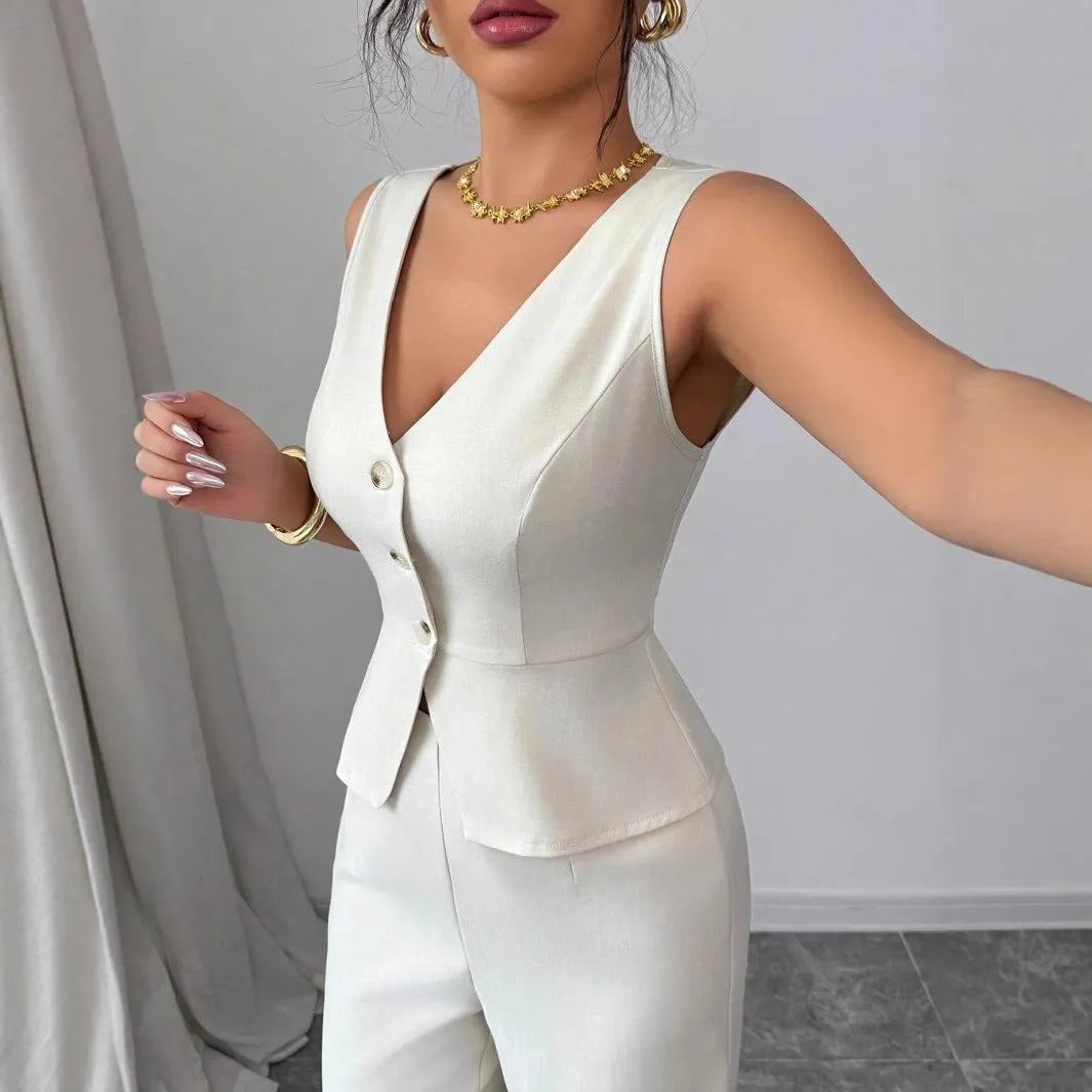 Women's black sleeveless vest and high waist trousers two-piece set on hanger