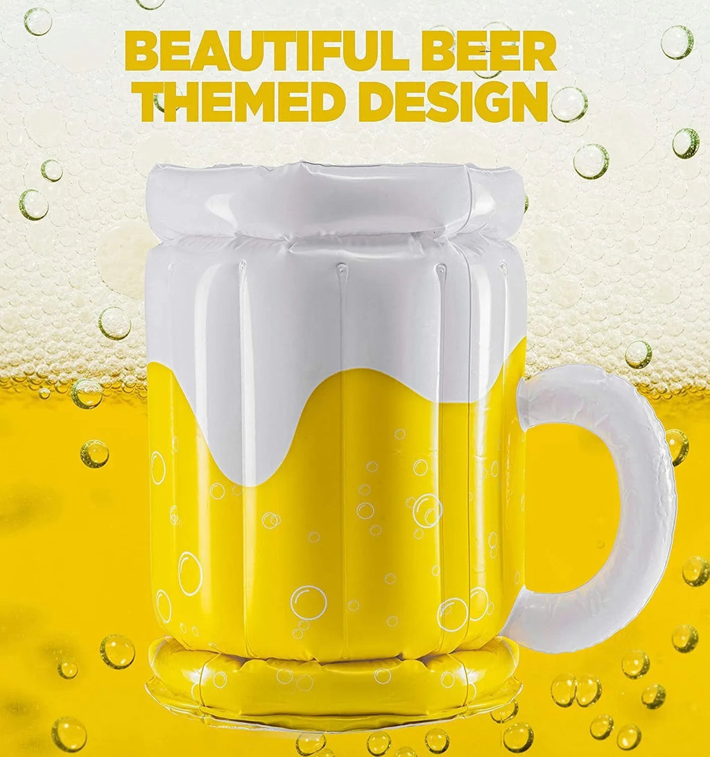 Large yellow inflatable beer mug cooler pool float with drink holders