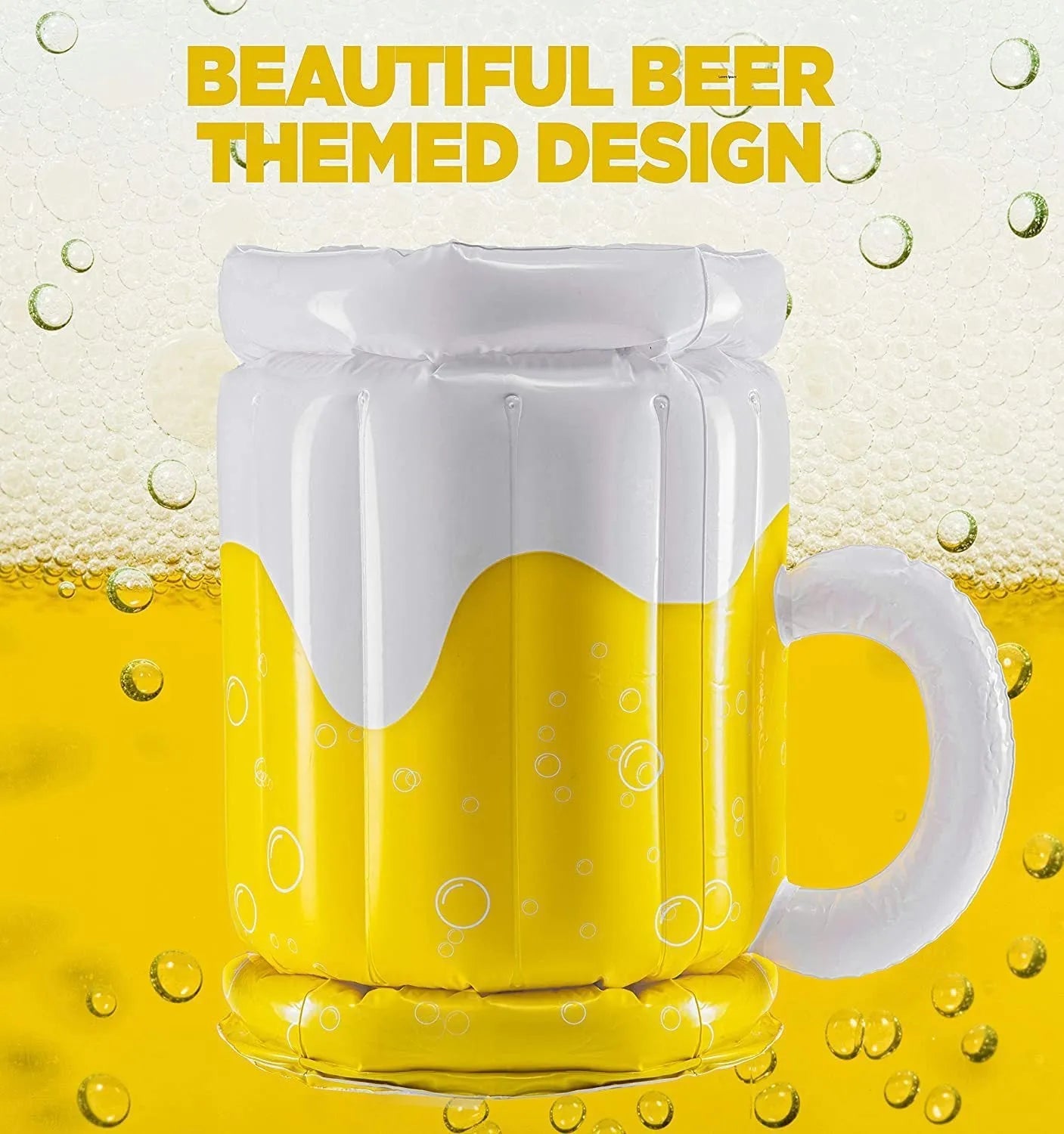 Large yellow inflatable beer mug cooler pool float with drink holders