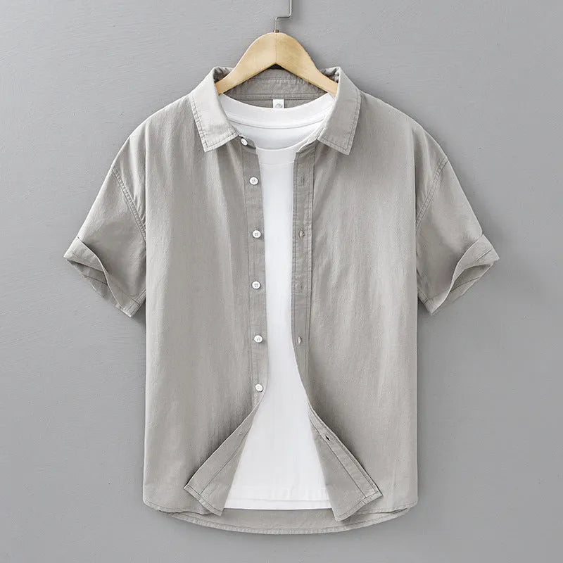 Summer menswear casual short-sleeved cotton shirt in loose cardigan style, white, pure cotton