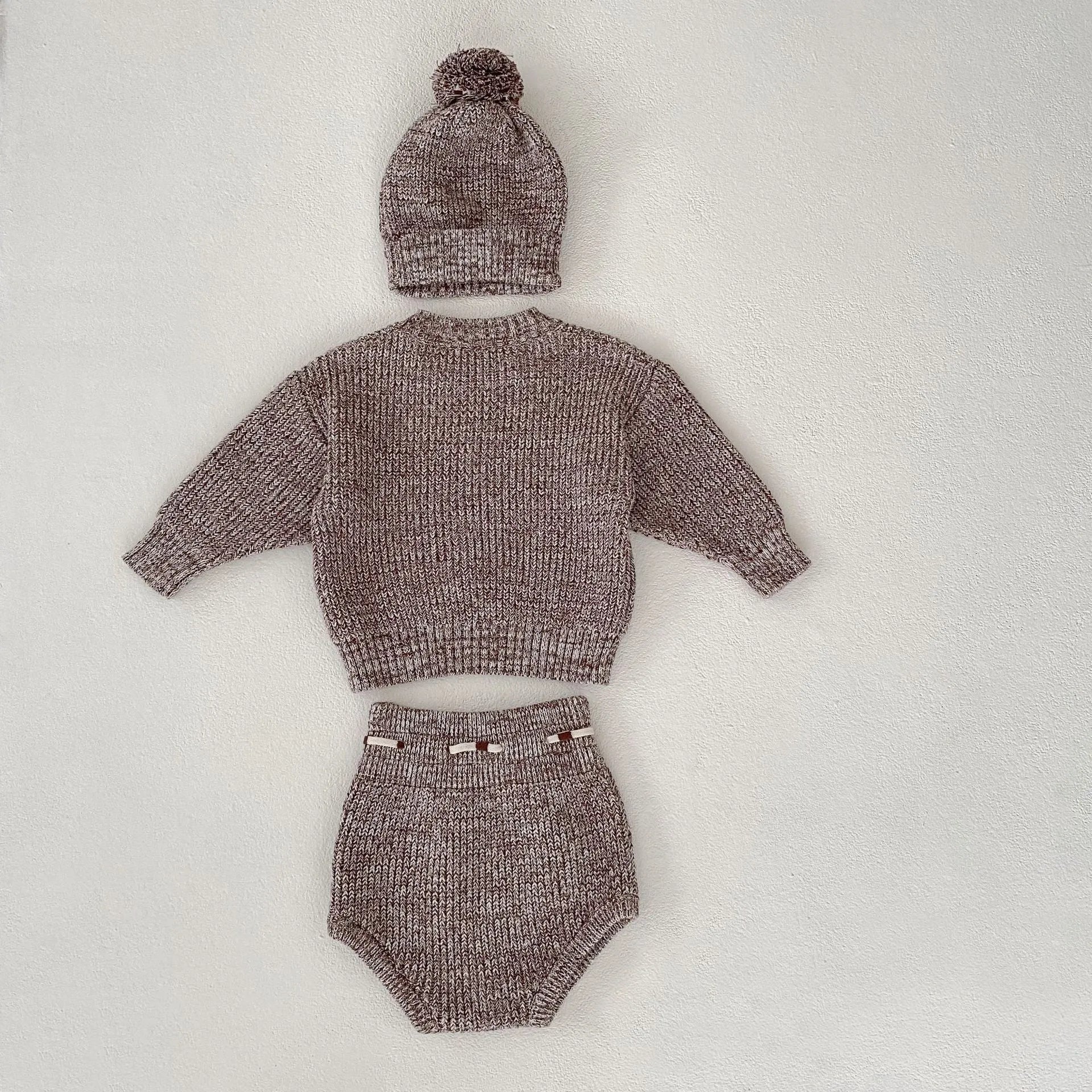 Infant baby girl cotton pullover 3-piece set in dark brown with fur ball hat and removable hood