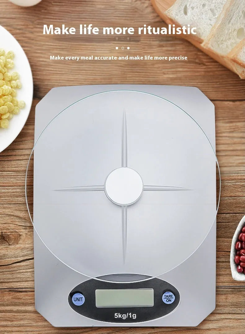 Silver white mini kitchen electronic scale, battery-powered, simple compact design for weighing