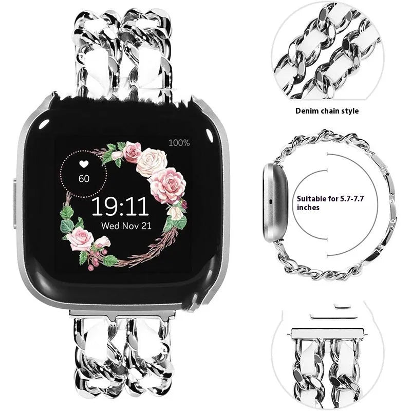 Stainless steel denim chain watch strap with straight buckle in Silver Black colour for smartwatches