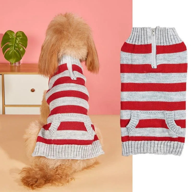 Blue dog sweater with horizontal zipper, side pocket, and contrast trim on a small dog.