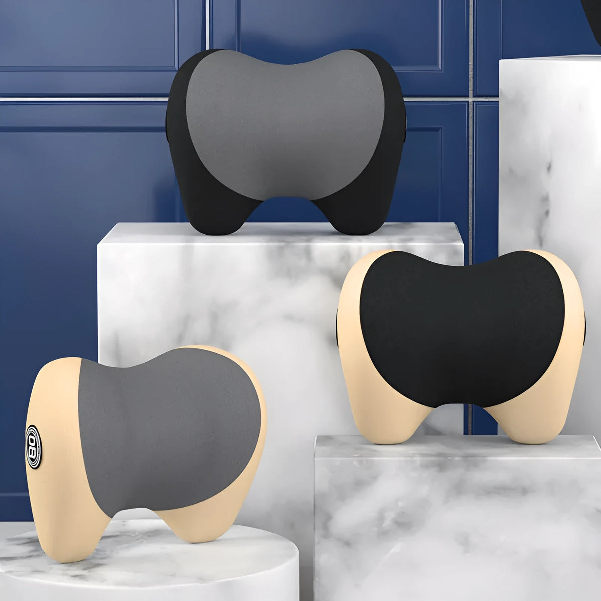 Automotive headrest neck pillow with memory foam filler and nylon knitted fabric cover, shown in apricot gray and pure black.