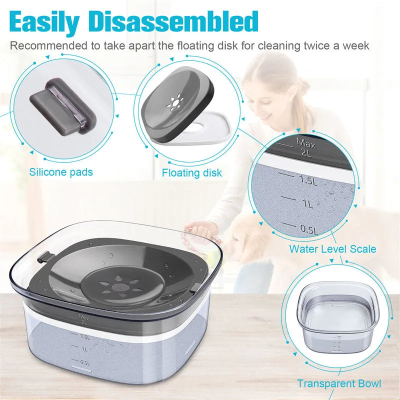 Transparent large 70oz dog water bowl with floating slow drink disk and non-slip base