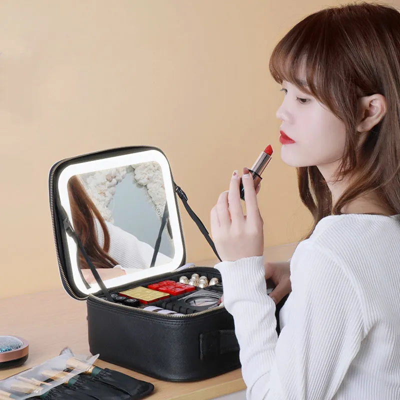 Large capacity cosmetics storage bag with full screen mirror and LED lamp ring, 26x23x11cm, polyurethane leather, USB powered