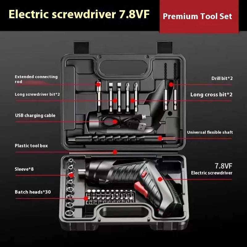 Compact lithium battery electric screwdriver with small gun design and included tool bag.