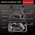 Compact lithium battery electric screwdriver with small gun design and included tool bag.