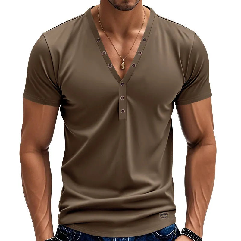 Men's loose fit V-neck pullover top with button design in light blue colour