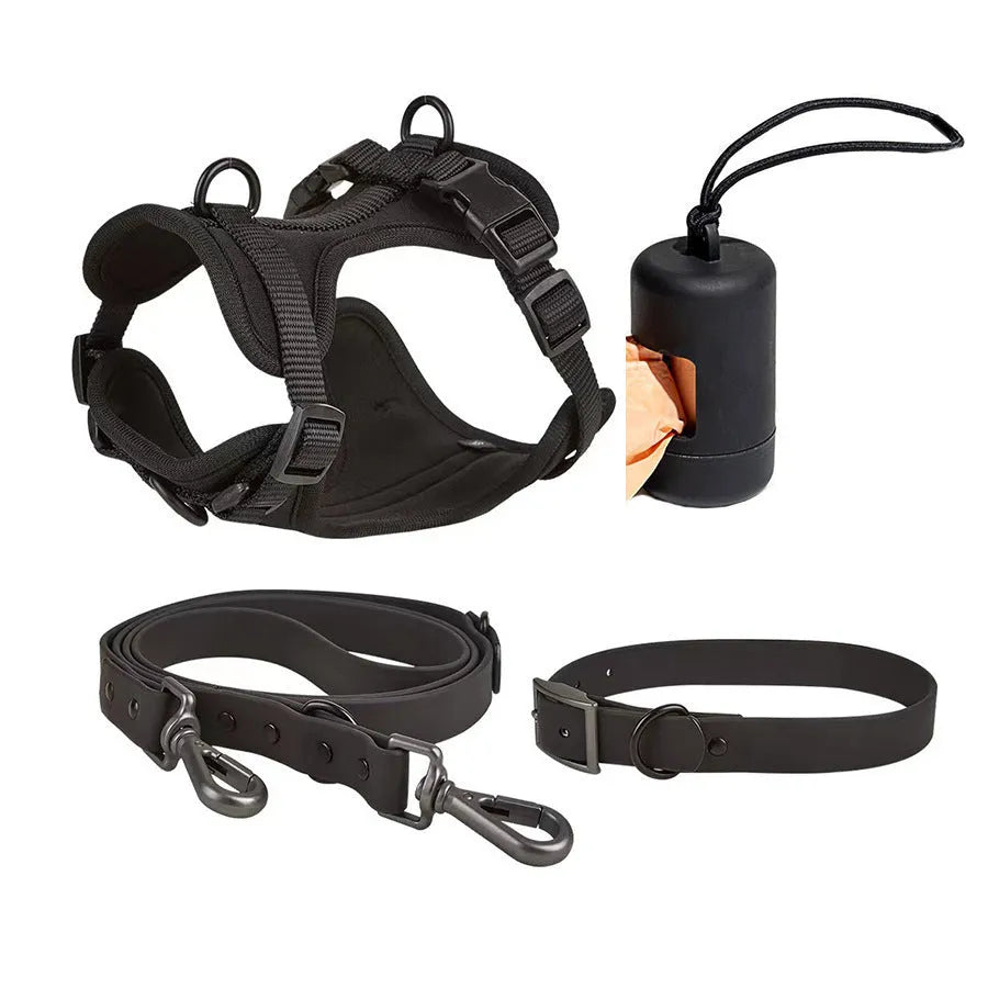 Dog tactical chest back collar set in PVC material with traction rope and harness, available in multiple colours