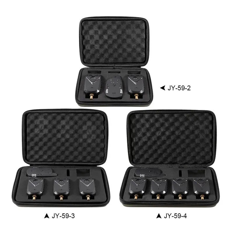 Wireless fishing electronic alarm system with transmitter and receiver units for multiple rod monitoring