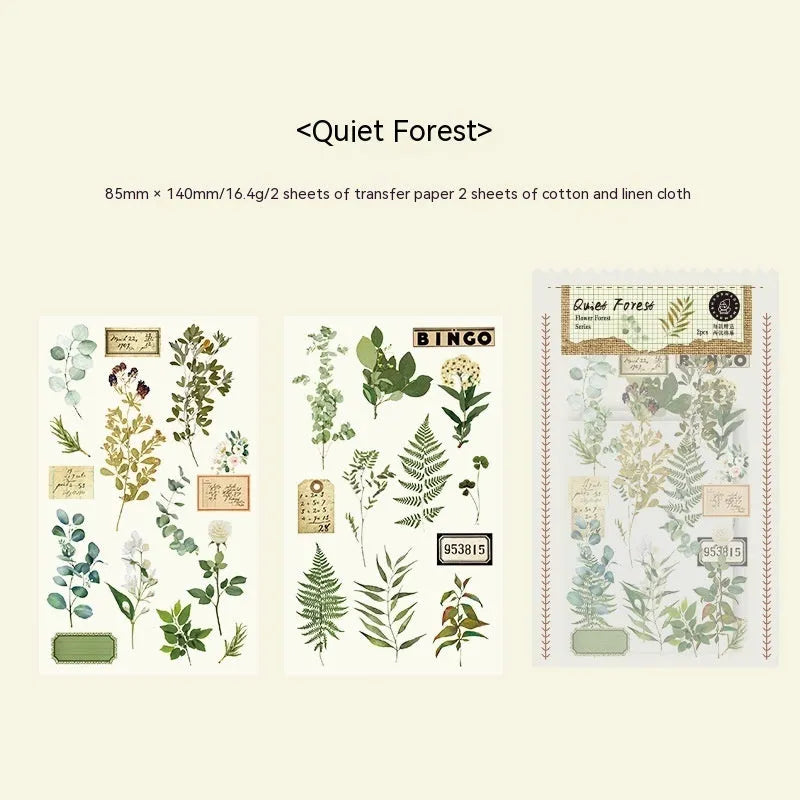 Huazhisen series forest art sticker pack showing six colour designs at 85x180mm size