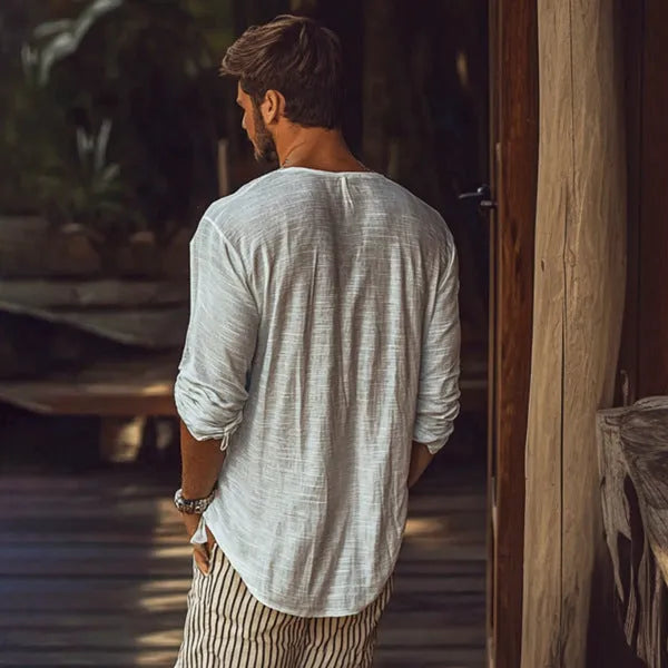 Beige V-neck long-sleeved T-shirt with slim fit design on hanger