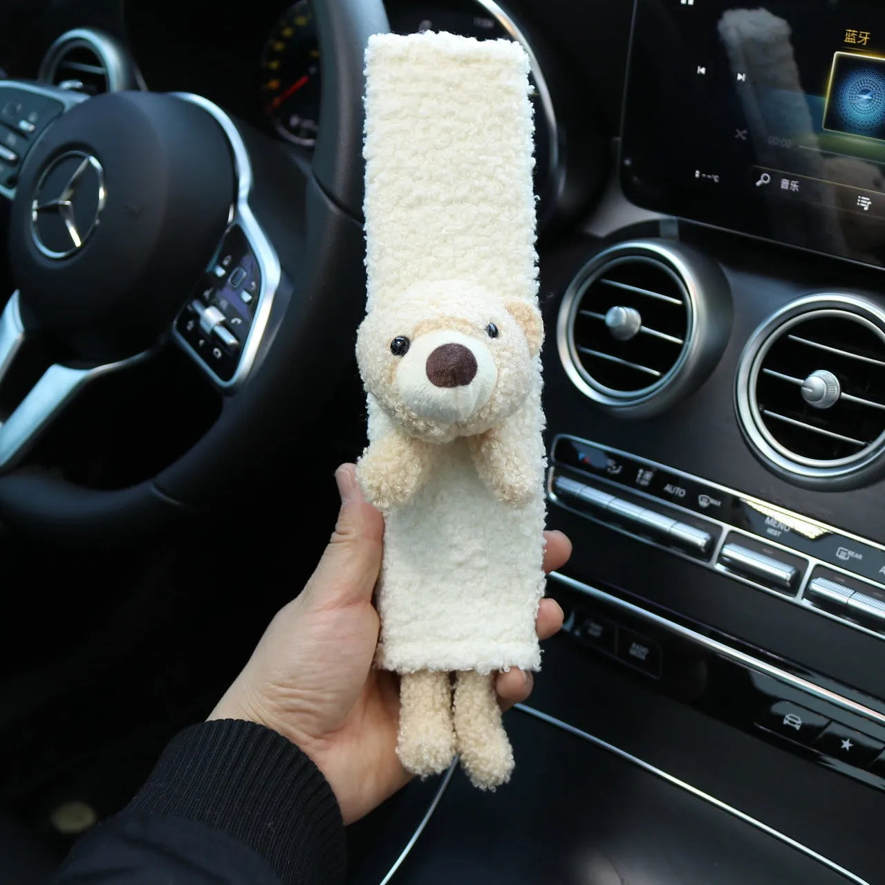 Cartoon plush car seat belt shoulder protector in lamb wool, showing Rabbit and Bear design options.