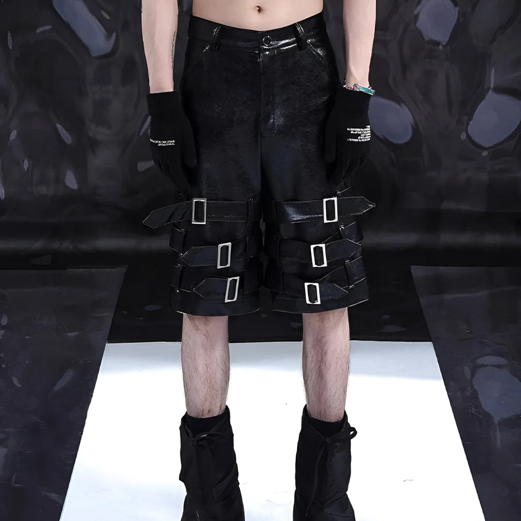 Men's black PU leather cropped pants with a ring detail on low-waist shorts.