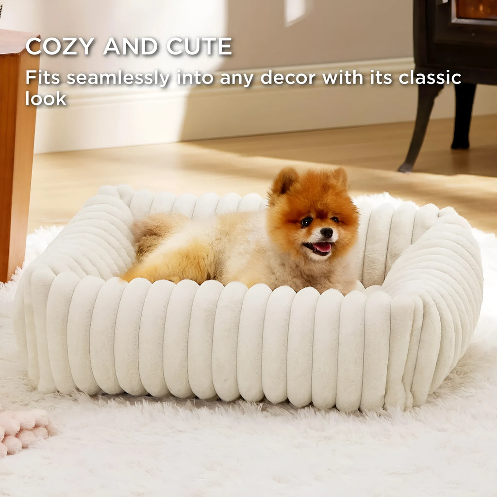 Beige raised cushion pet bed for a medium-sized dog on a wooden floor.