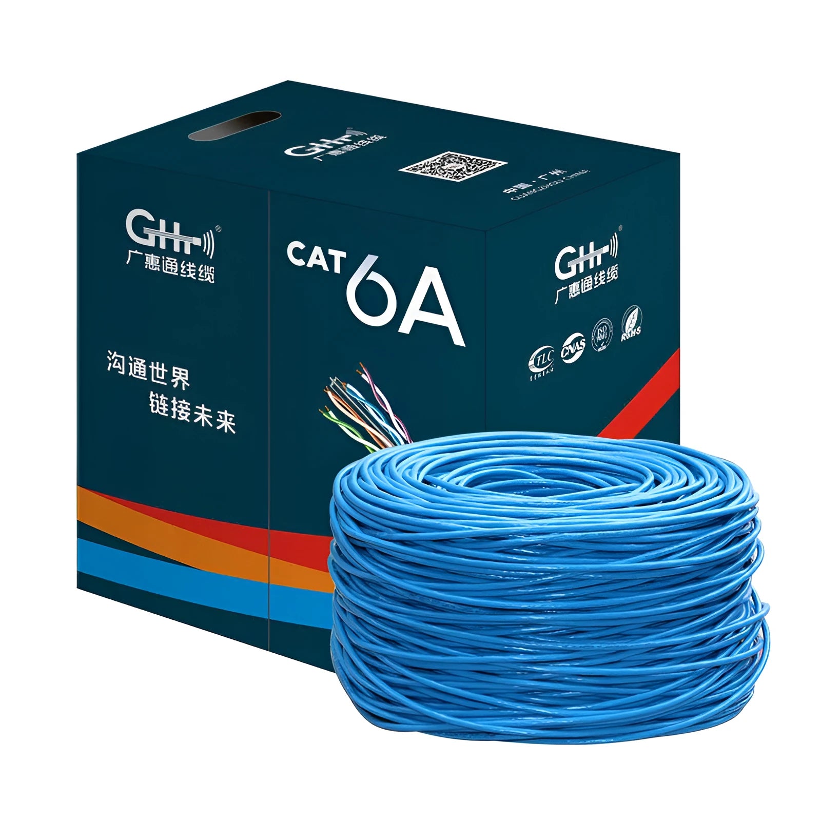 Reel of blue Category 6 network cable with oxygen-free copper core, labelled for gigabit and 10-gigabit speeds.