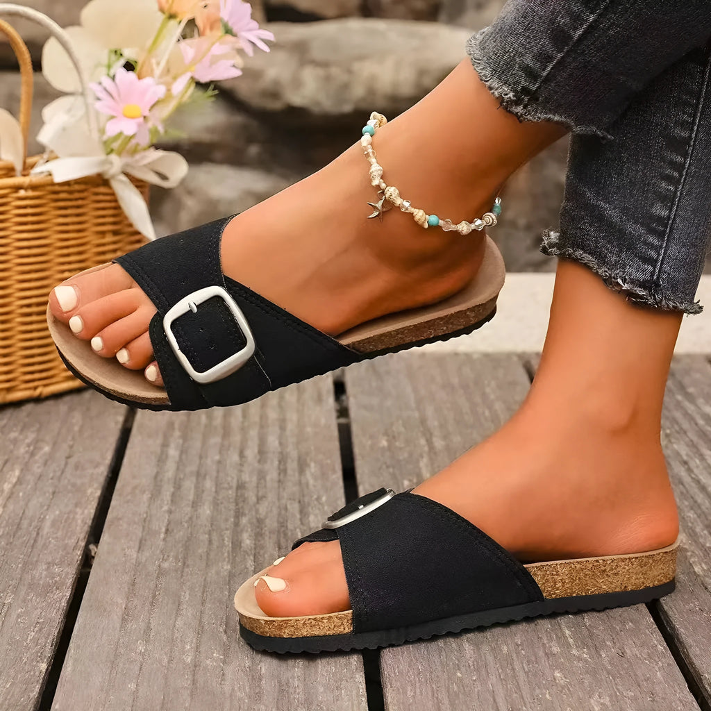 Women's open toe sandals with belt buckle, canvas upper, shown in black, dark brown and light grey