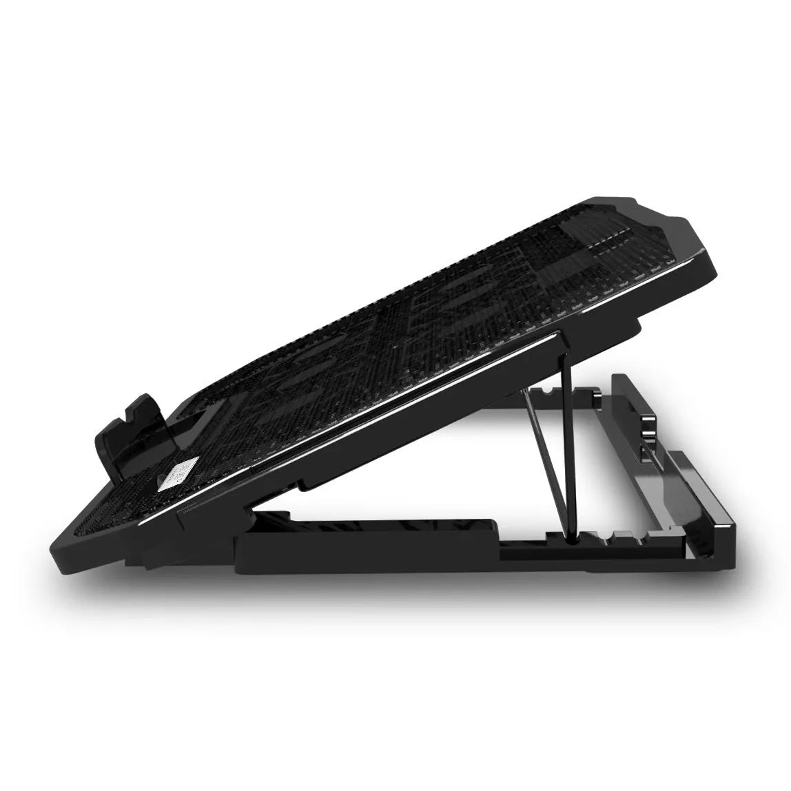 Black laptop cooling rack with six fans, metal mesh surface and adjustable height, 370 x 255 x 27 mm