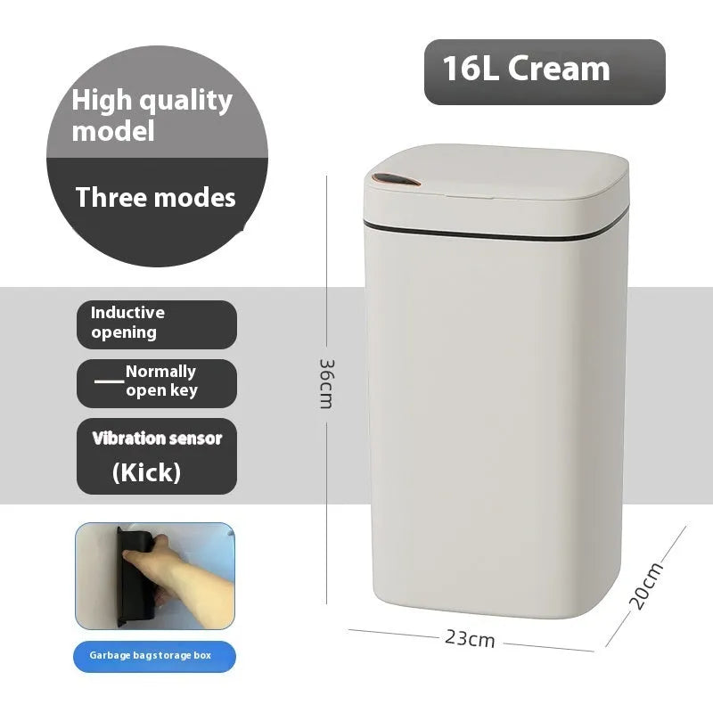Square automatic induction rubbish bin with touch-free opening lid in milky white colour
