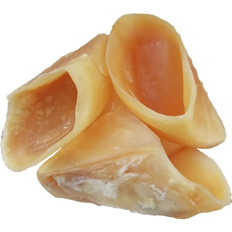 Natural cowhide grinding rod dog chew in hoof shell colour, shown in small and large sizes.
