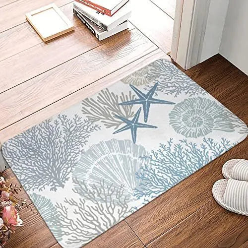 Personalised flannel floor mat in a coastal starfish print showing square shape and texture