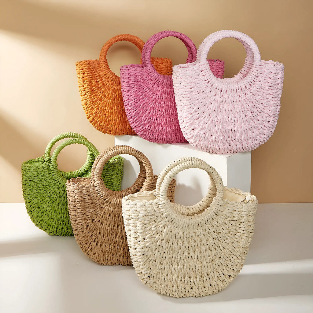 Woven straw crossbody beach bag in beige, 24cm height, peach skin lining, six colour options