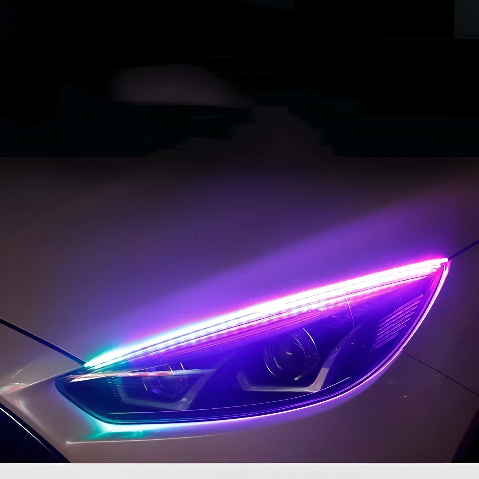 Remote control and RGB colour-changing universal LED daytime running light strip in 30cm, 45cm, 60cm sizes.
