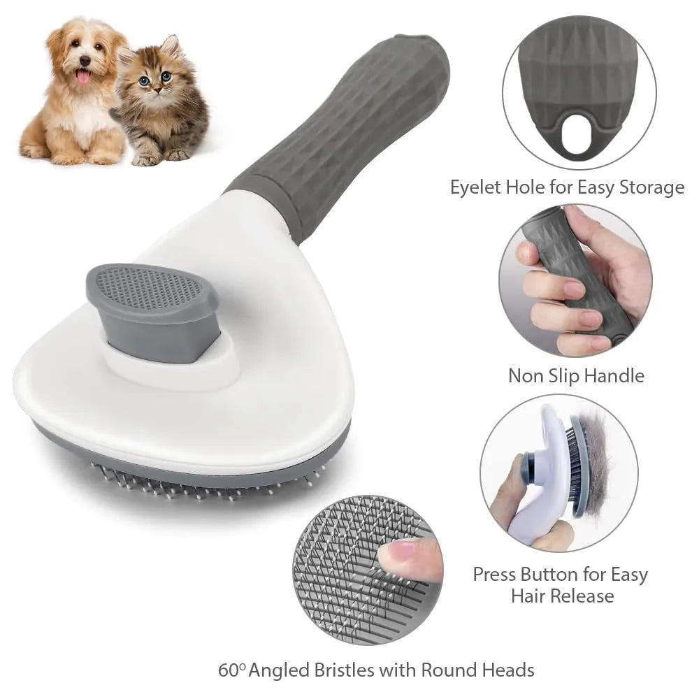 Blue cat grooming brush with a release button for removing loose fur and tangles.