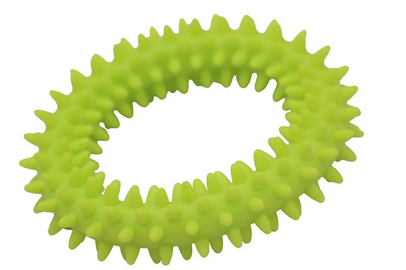 Blue TPR spiky ring dog chew toy for dental care and bite training, 9.5cm diameter.
