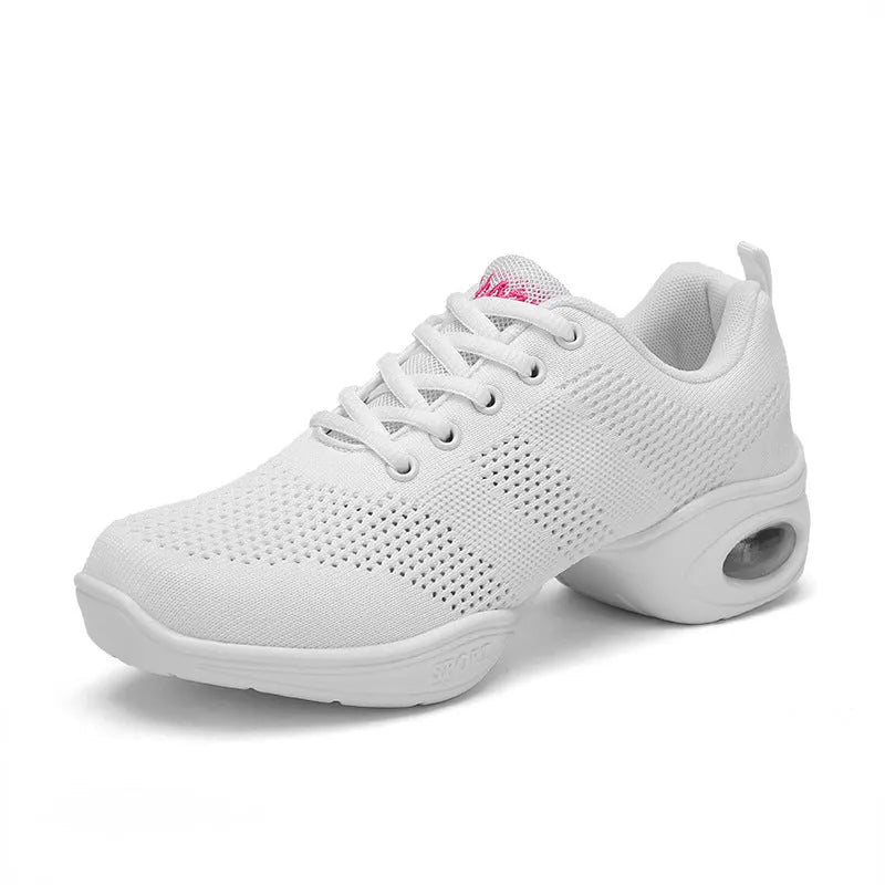 Women's breathable Flyknit mesh dance shoes in multiple colours with a soft PU sole.