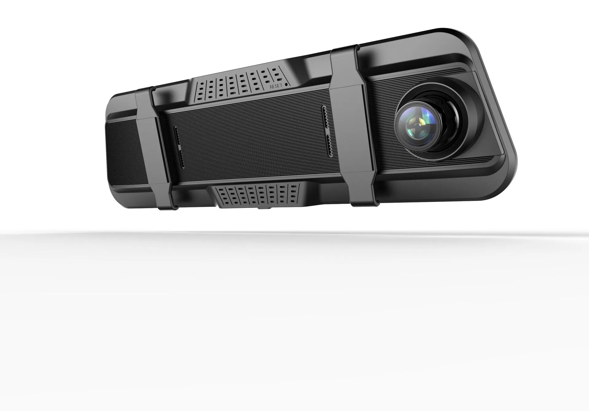 Black dual-lens dashboard camera with 9.66-inch screen mounted on car windshield.
