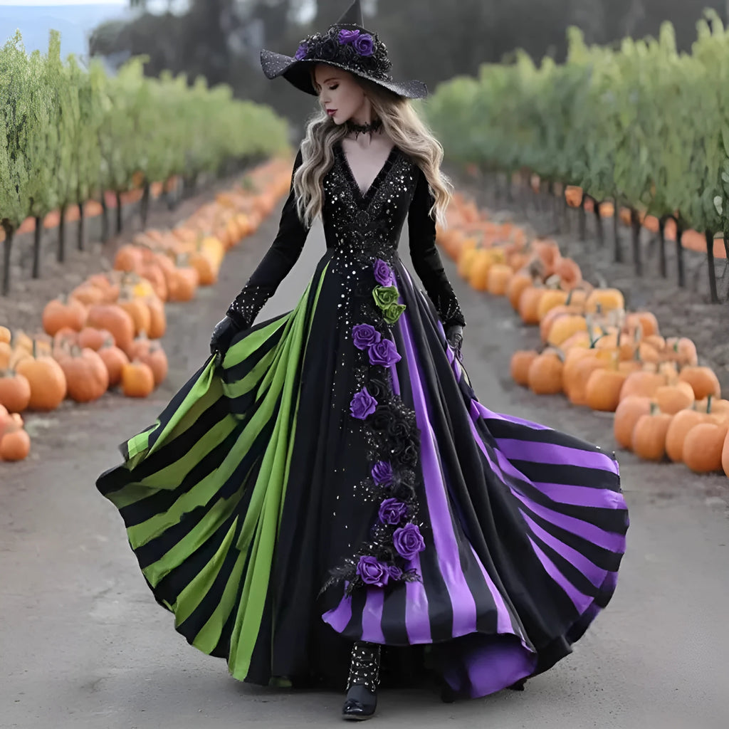 V-neck long sleeve swing dress in green and purple with asymmetric hem, women's pullover style