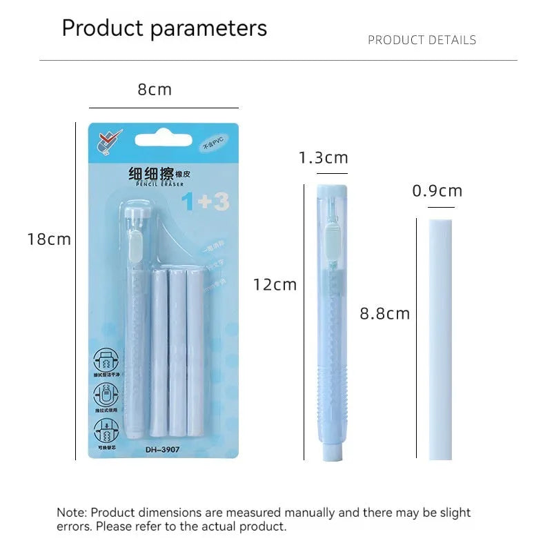 Push-type traceless automatic eraser for children in blue, green, pink, and purple colours.