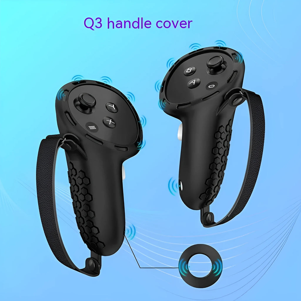 Silicone protective sleeve with wrist strap for Meta Quest 3 VR controller in various colours.