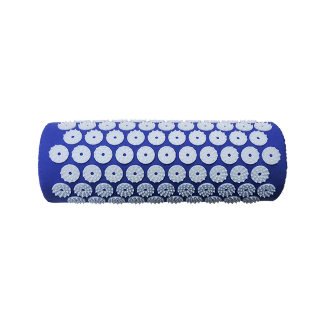 Black and blue acupuncture massage mat with cushion and headrest on floor