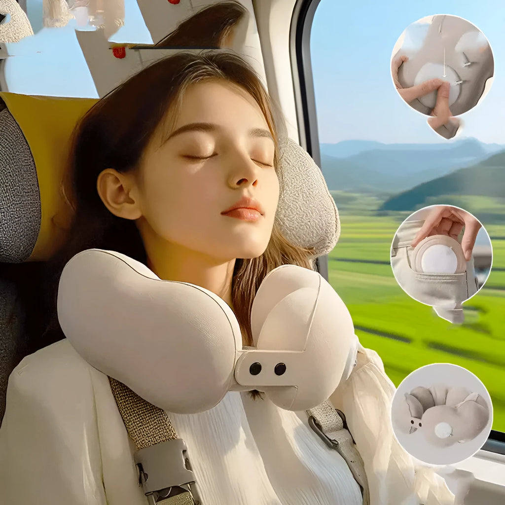 Inflatable U-shaped travel neck pillow in cloud bubble colour, shown deflated and packed.