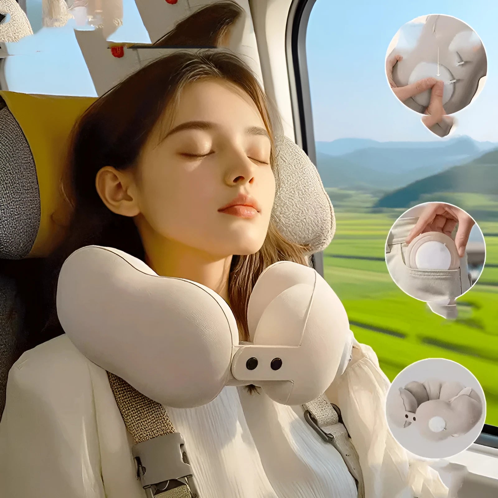 Inflatable U-shaped travel neck pillow in cloud bubble colour, shown deflated and packed.