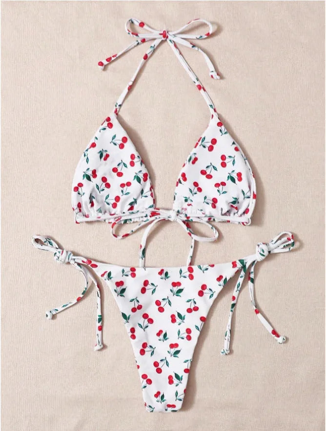 Women's split halter bikini swimsuit in solid colour with backless design and briefs style
