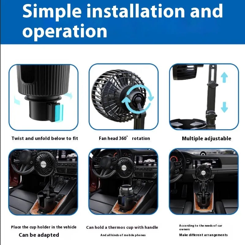 A car cup holder fan with black ABS plastic housing inserted into a vehicle's centre console.