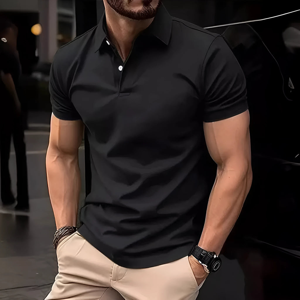 Men's slim-fit solid colour short sleeve button-up shirt on a hanger.